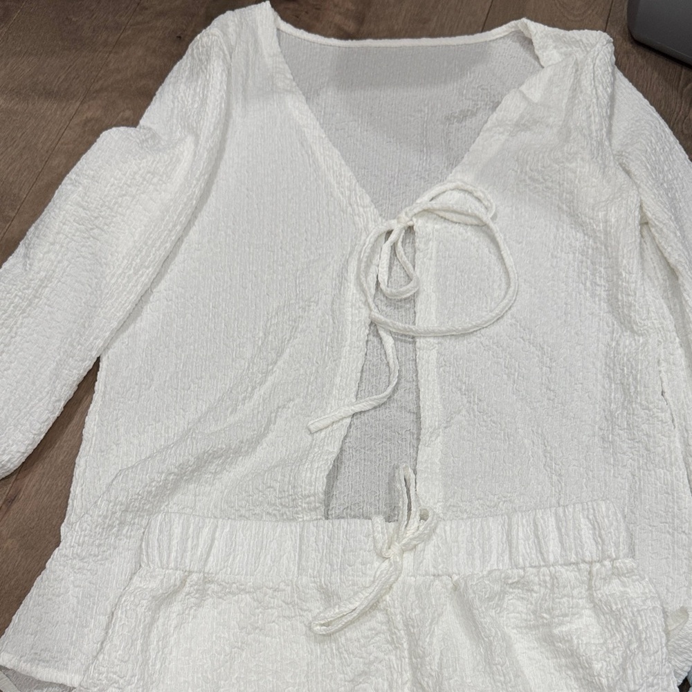 Chic White Tie-Front Blouse with Shorts Set